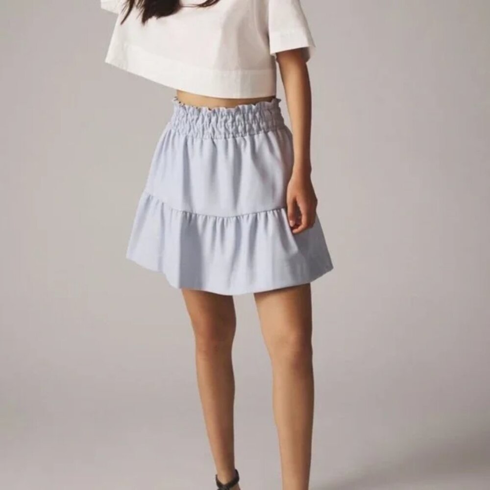 Anthropologie Somerset Faux Leather Mini Skirt Blue XS NWOT Tiered Elastic Waist - Picture 2 of 10